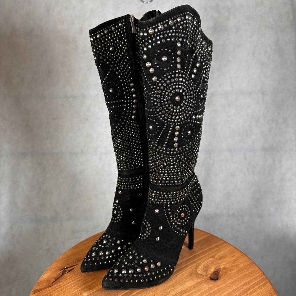 Olivia Miller Studded Tall Boots Womens 7.5 Black Good Stiletto Pointed Toe